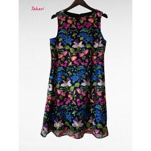 Tahari Arthur S Levine Dress 10 Black Floral Embroidered Sleeveless
